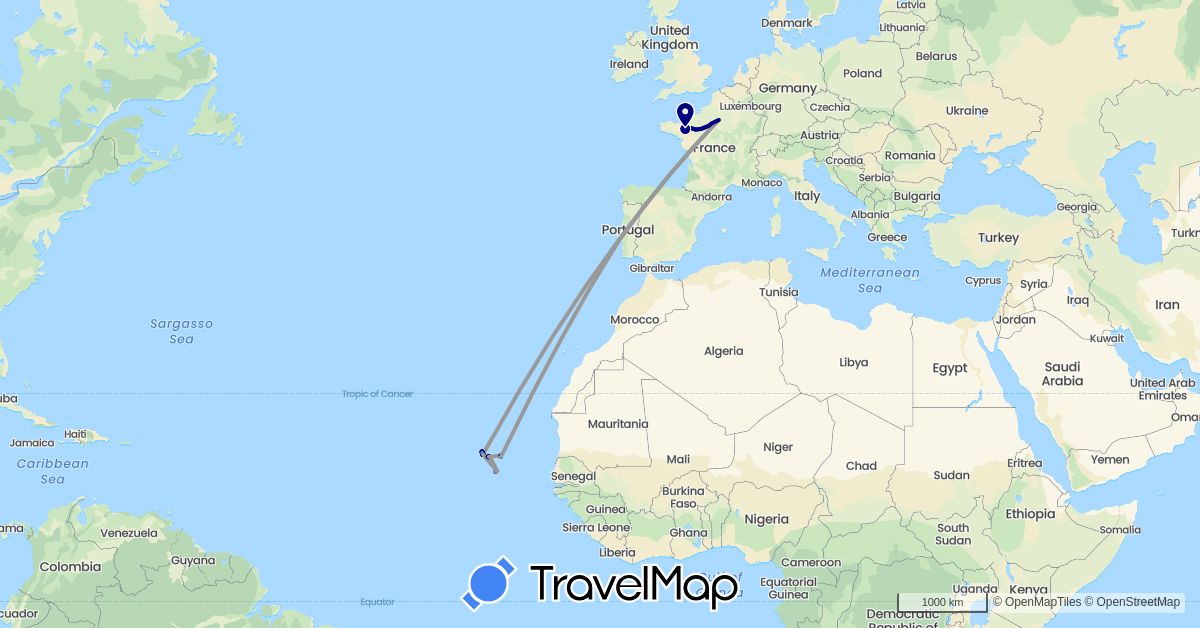 TravelMap itinerary: driving, plane, hiking, boat in Cape Verde, France, Portugal (Africa, Europe)